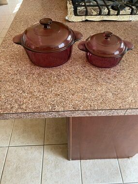 Deep Burgundy Glass Covered Casserole Set - 2-Piece Pyrex brand.